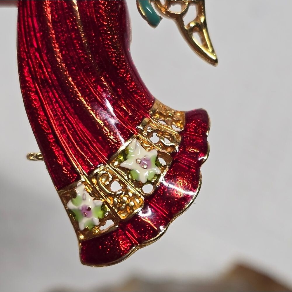 Christopher Radko Christmas Angel Brooch Gold Tone Red Enamel Signed Rare VTG - Picture 5 of 9